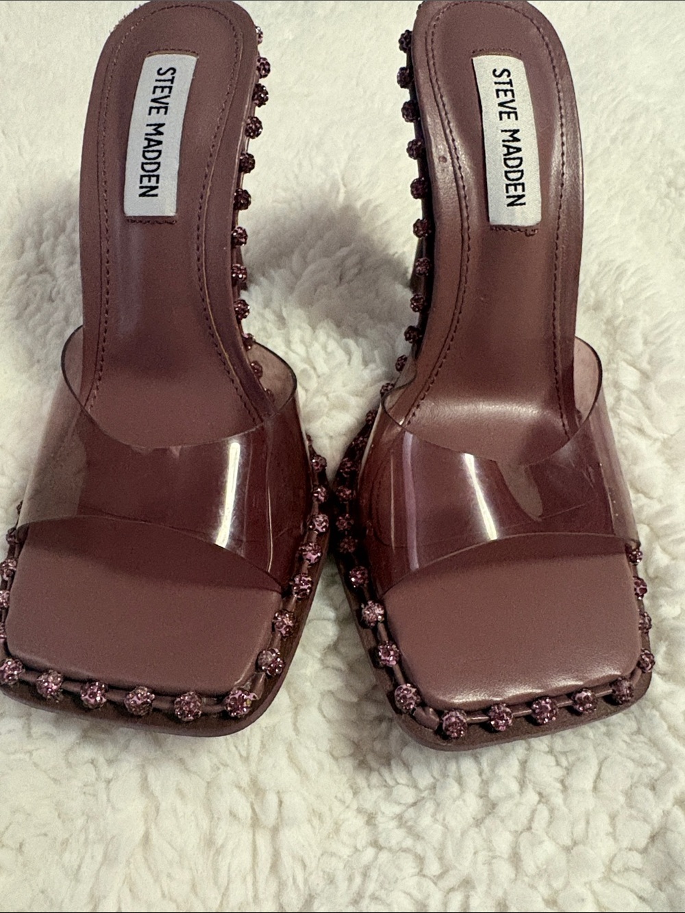 Steve Madden Mauve Beaded Clear-strap Slide Heels